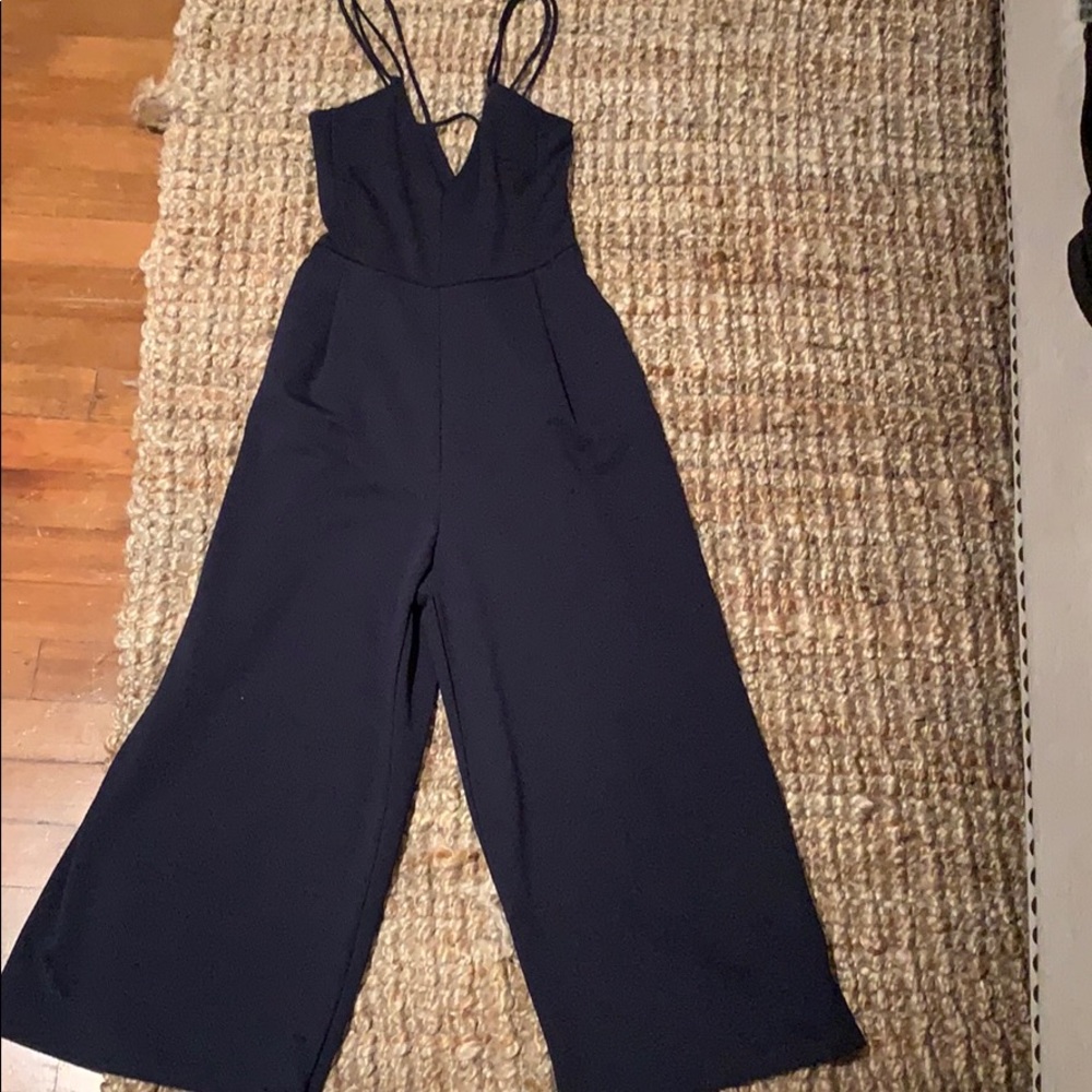 Navy blue wide leg jumpsuit with pockets